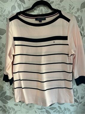Tommy Hilfiger Pink and Black Striped Boatneck Knit Top